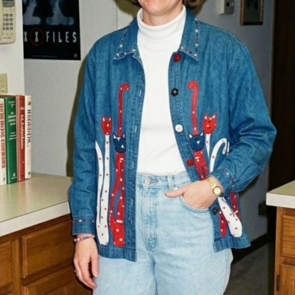 Life Style Vintage Cat Appliqué Denim Shirt Jacket Patriotic Red White Blue P/S